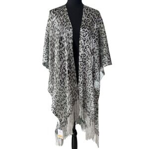 Leopard Print Sheer Kimono Fringe Metallic Silver Black Glam Festival Maximalist